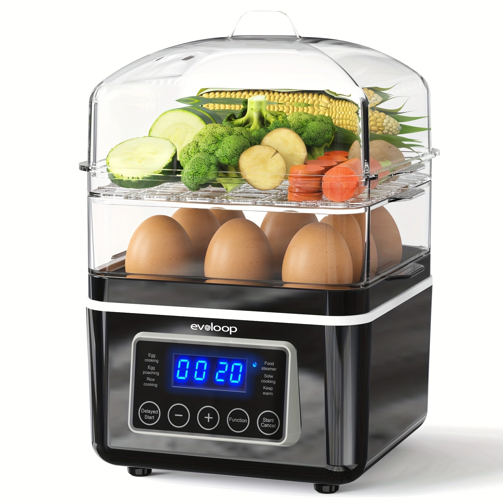 Evoloop Rapid Egg Cooker Egg Steamer With Auto Shut-Off, Ideal For Veggies, Seafood, 2 Tiers Electric Food Steamer For Cooking, Rice, 4 QT Digital Multi Vegetable Steamer With BPA-Free Stackable Baskets